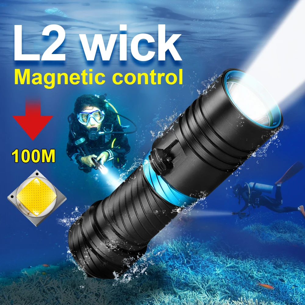 

100M Diving led flashlight torch cree xm l2 rechargeable 18650 26650 Underwater lantern flash light hunting waterproof lamp