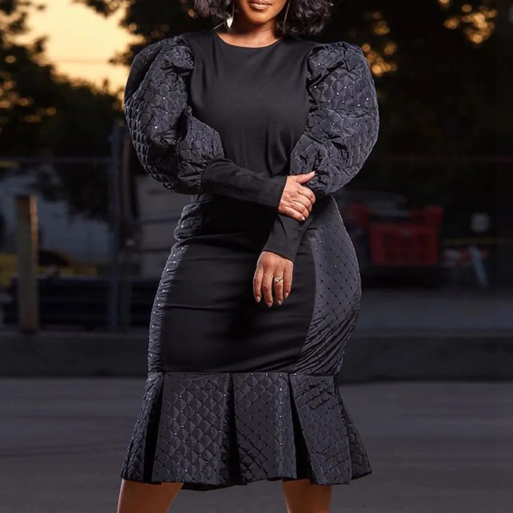 

Sexy Party Dresses Mermaid Black Women Elegant Long Sleeves Autumn Color Block Pleated Patchwork Fashion Female Dress Woman