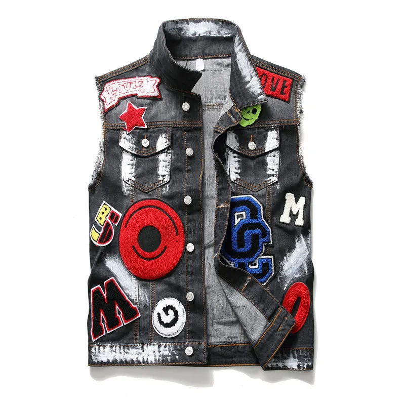 

New Men's male badges patchwork embroidery jean vest Trendy streetwear eagle painted denim tank top Sleeveless black waistcoat