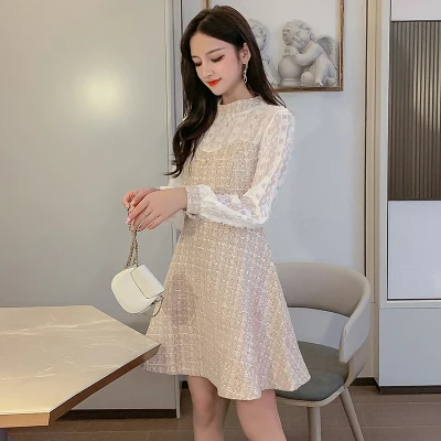 

2020 Spring Korean Fake Two Pieces Lace Dress Women Patchwork Elegant Casual Dresses Princess Tassel Maxi Plaid Retro Dress
