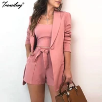 solid casual autumn high waist fashion shorts three piece women suits pink full sleeve plus size sets outfits cotton ropa mujer