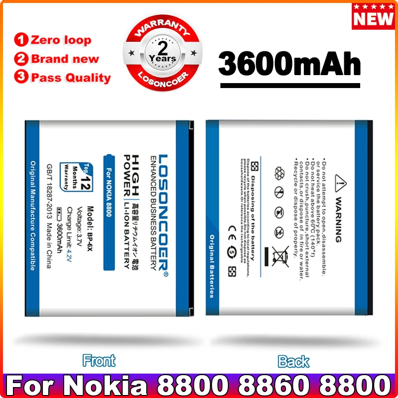 

LOSONCOER 3600mAh BP-6X Battery / BP 6X BL-5X Battery Use For Nokia 8800/8860/8800 Sirocco/N73i 8801 886 8800s etc Mobile Phones