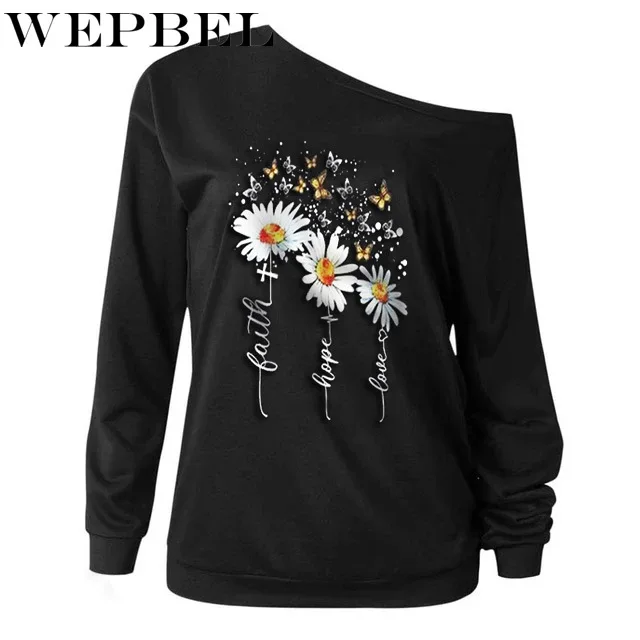 

WEPBEL Long Sleeve O Neck One Shoulder Print Sweatshirt Women Autumn Winter Knitted Sweater