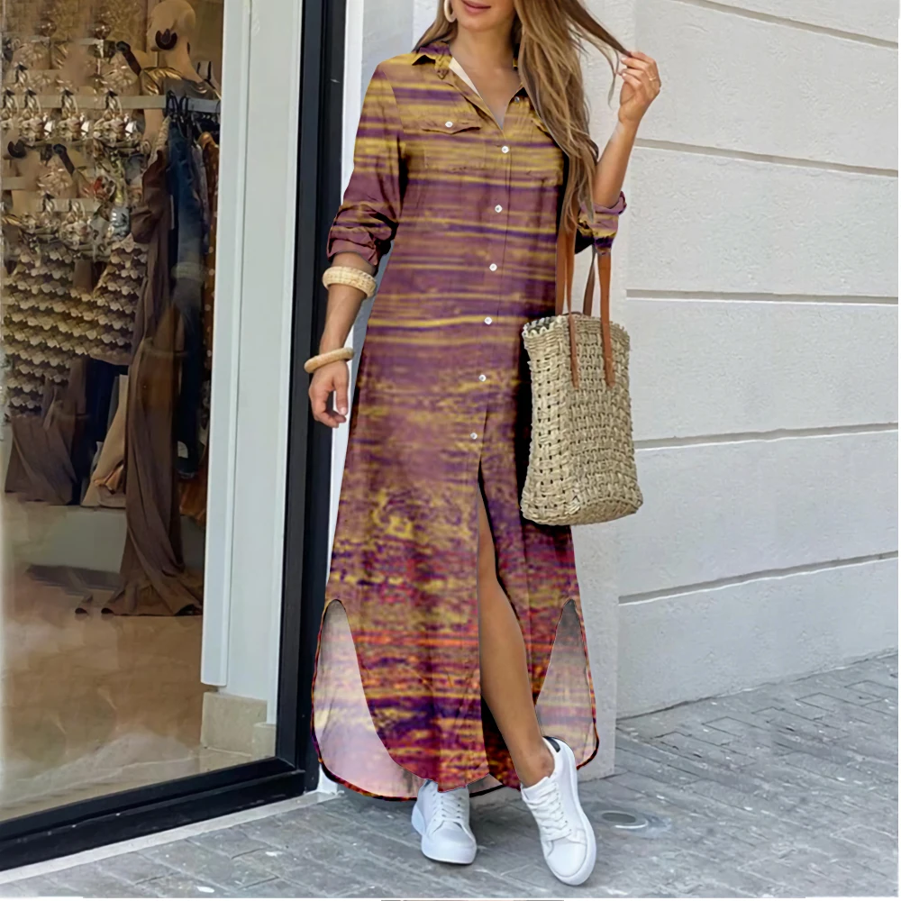

Cross-border women's lapel shirt long skirt retro texture printing fashion series