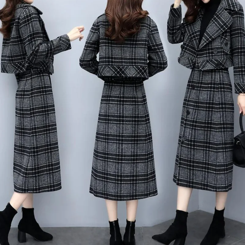

New Fashion Suit Women Women's Autumn and Winter Two-piece Skirt Short Plaid Woolen Coat Temperament Skirt