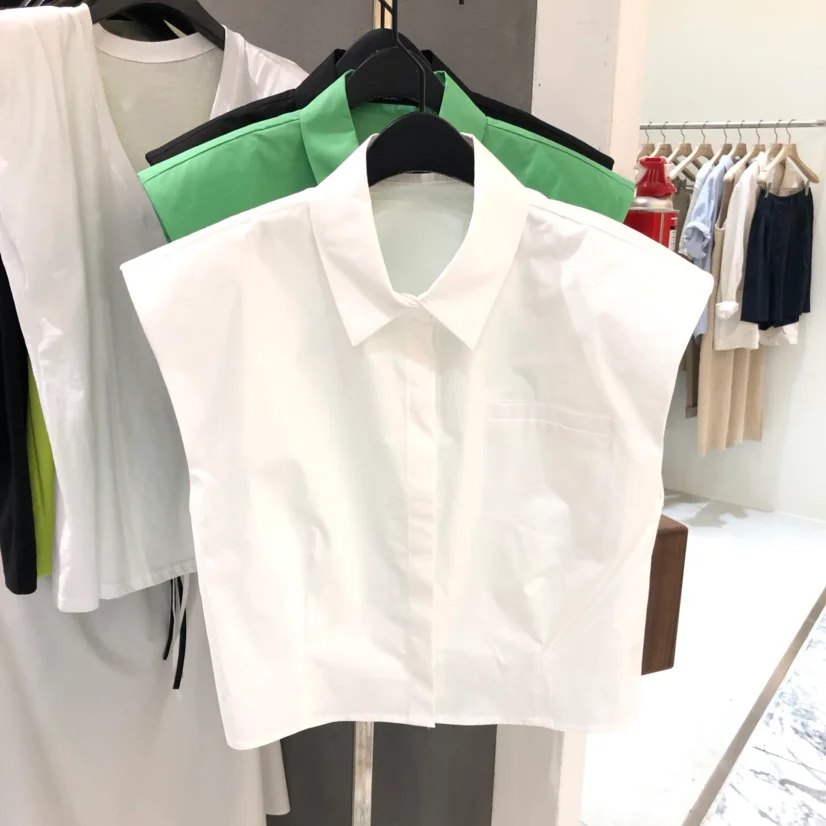 

Женская однобортная рубашка-поло, Однотонная рубашка без рукавов с воротником-стойкой, с прямоугольными наплечниками, в Корейском стиле, ле...