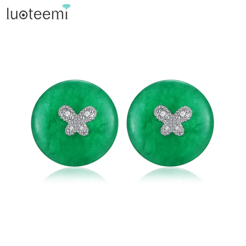 LUOTEEMI, новинка, элегантный дизайн, привлекательные зеленые камни, круглые серьги-гвоздики для женщин, Свадебная вечеринка, модное ювелирное изделие, подарок, Brincos