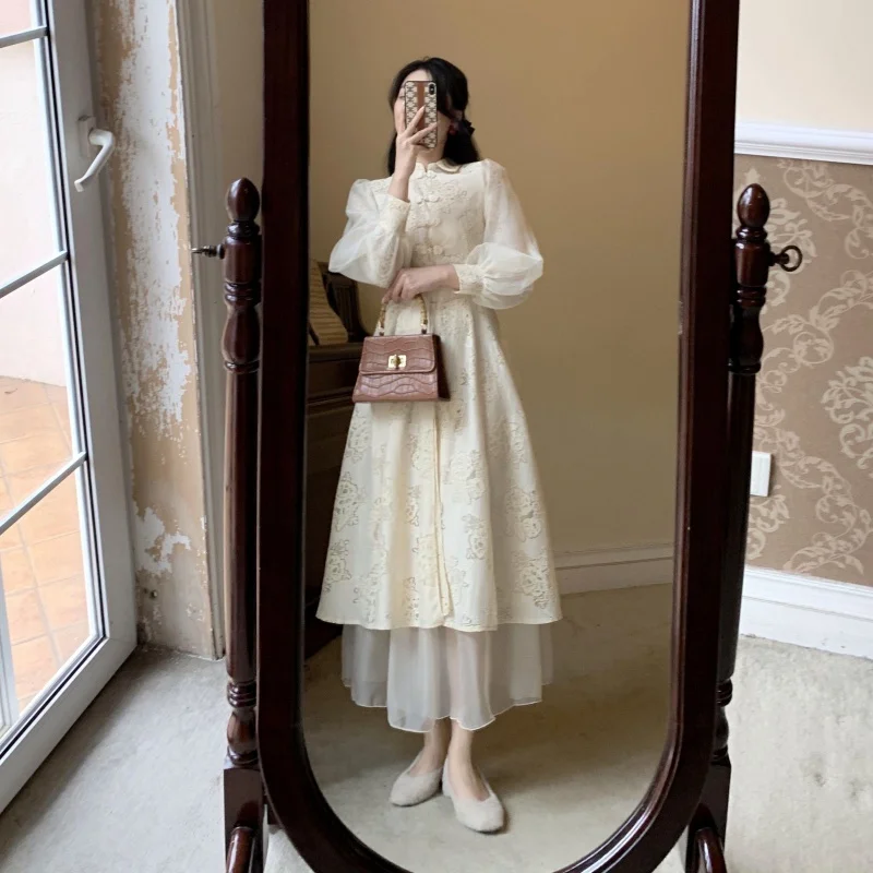

French dress design two-piece dress women boho long maxi dress Embroidery Vintage Lantern Sleeve Summer