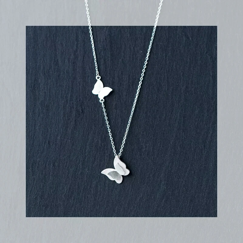 

925 Sterling Silver Color Minimalism Butterfly Mini Nature Double Pendant Necklace For Women Fashion Fine Jewelry Gift D2175