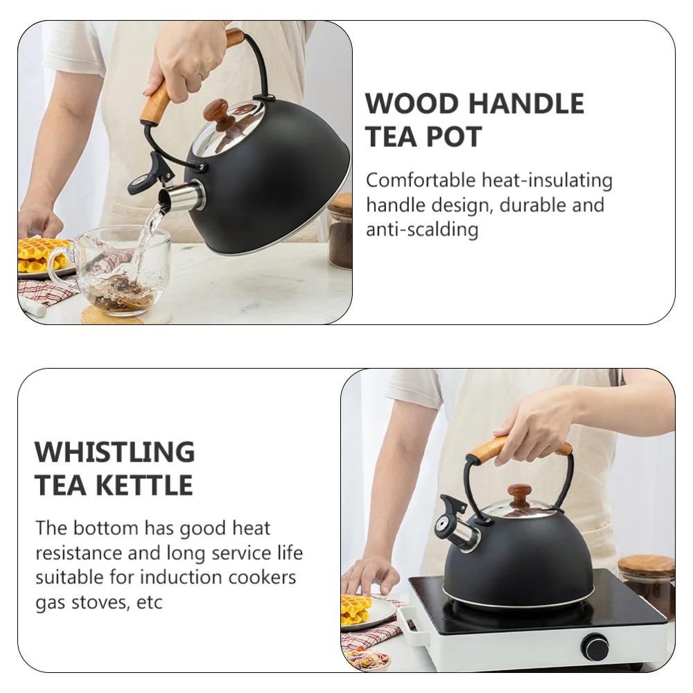 

1pc Stainless Steel Whistling Teakettle Wooden Handle Kettle for Home (Black)