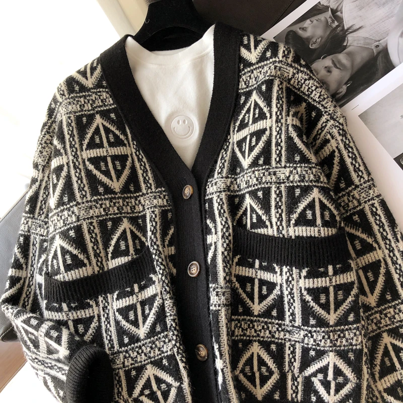 

Женский кардиган в ретро стиле, свободный однобортный Кардиган с V-образным вырезом, весна-осень 2021