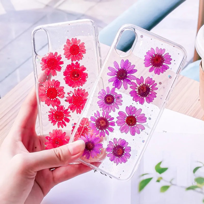 Чехол для телефона с настоящими цветами и сушеными цветами для iPhone X, XS, XR, XS, Max, 6, 6 S, 7, 8 Plus, прозрачная блестящая красивая мягкая задняя крышка из ТПУ