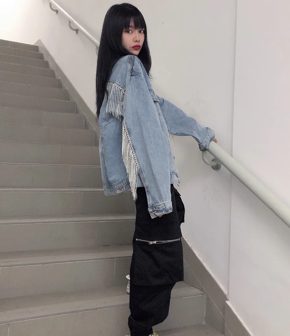 WHITNEY WANG модная уличная джинсовая куртка с бриллиантами и кисточками, женская Стильная джинсовая куртка с блестящей бахромой