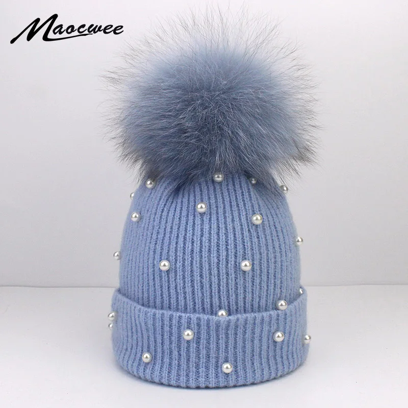 Жемчужные шерстяные шапочки женские помпоны из натурального Лисьего меха модная