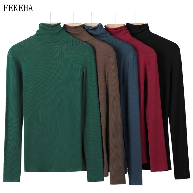 

Autumn Winter Women T-Shirts Turtleneck Long Sleeve Slim Lady Tee Tops Black Female Clothes