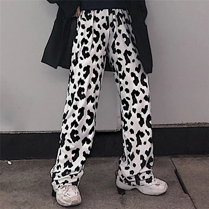 

Loose Straight Cute Cow Black Dot Leopard Print Elastic High Waist Pant Woman Man Korean Fall Thin Cotton Sweatpant Harajuku