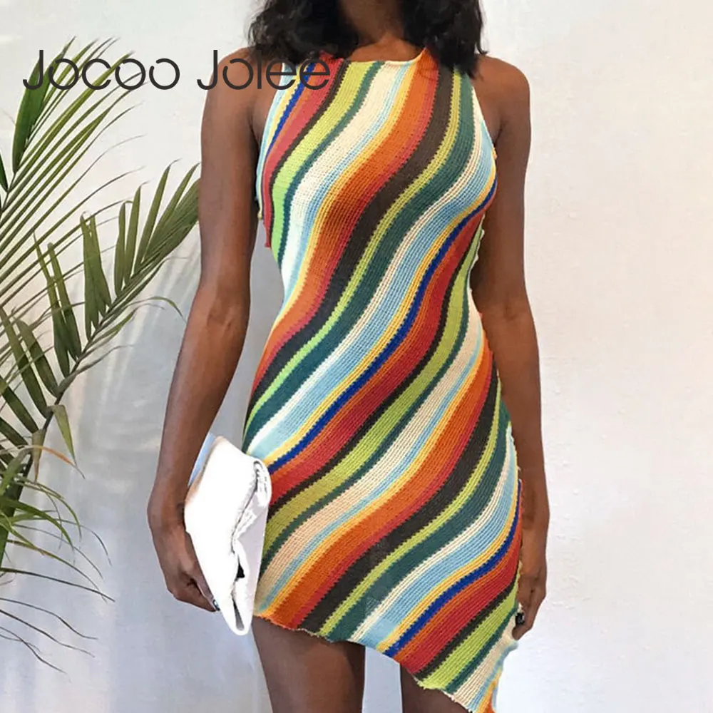 

Jocoo Jolee Knit Stripped Irreglar O-Neck Off Shoulder Hit Color Sleeveless Women Summer Sexy Skinny Club Mini Dress Party