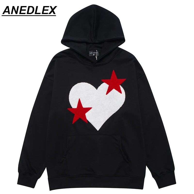 

2022 Spring Men Hoodie Streetwear Sweatshirt Hip Hop Heart Star Embroidery Pullover Harajuku Cotton Hooded Hoodie Sweatshirt