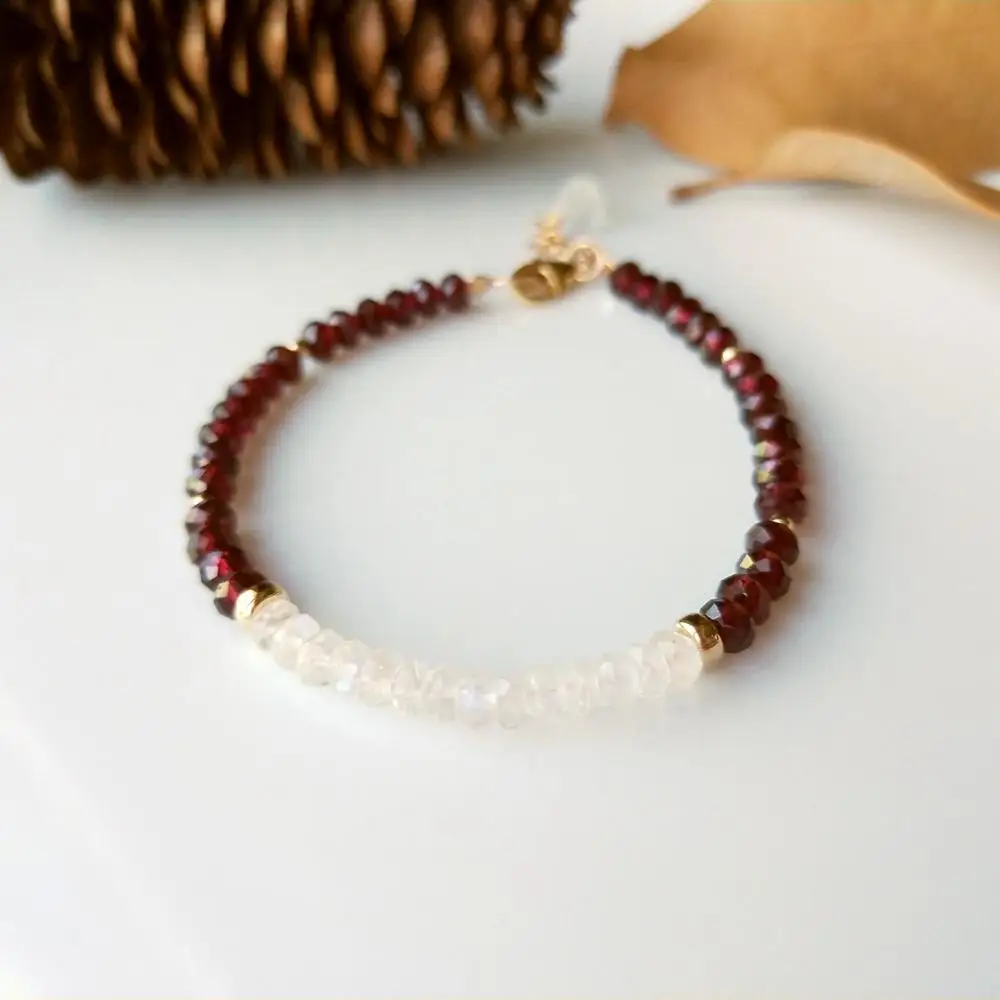Lii Ji натуральный граненый лунный камень красный гранат браслет US 9K GF нежный для