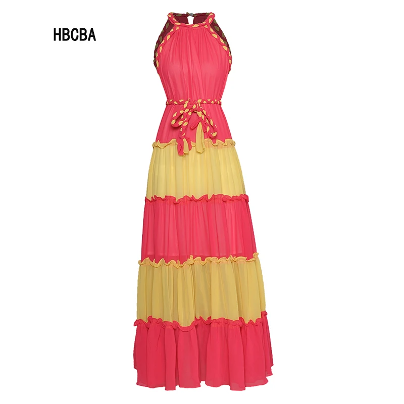 

HBCBA Early Spring Fashion New Style Hanging Neck Sleeveless Loose Waist Lace Up Slim A-line Skirt Long Dress
