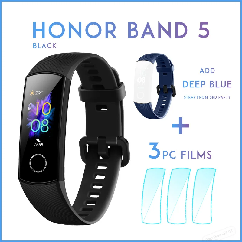 black add deep BLU Умный Браслет huawei Honor Band 5, Оксиметр, волшебный цвет, сенсорный экран, для плавания, для обнаружения сердечного ритма, сна, сна - Цвет: black add deep BLU