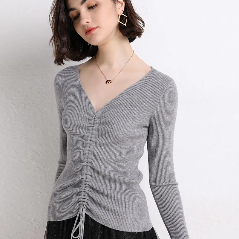 2019 New Women's Fashion V-Neck Sexy Sweater Slim Knit Base Coat Winter Clothes Women | Женская одежда