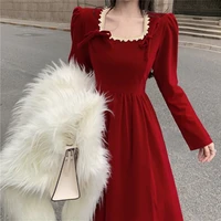 spring 2021 french festival korean fashion long sleeve dress square neckline and bow