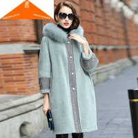 real 2020 womens coat sheep shearing coats with natural fox fur collar hooded winter wool female warm jacket lwl9380