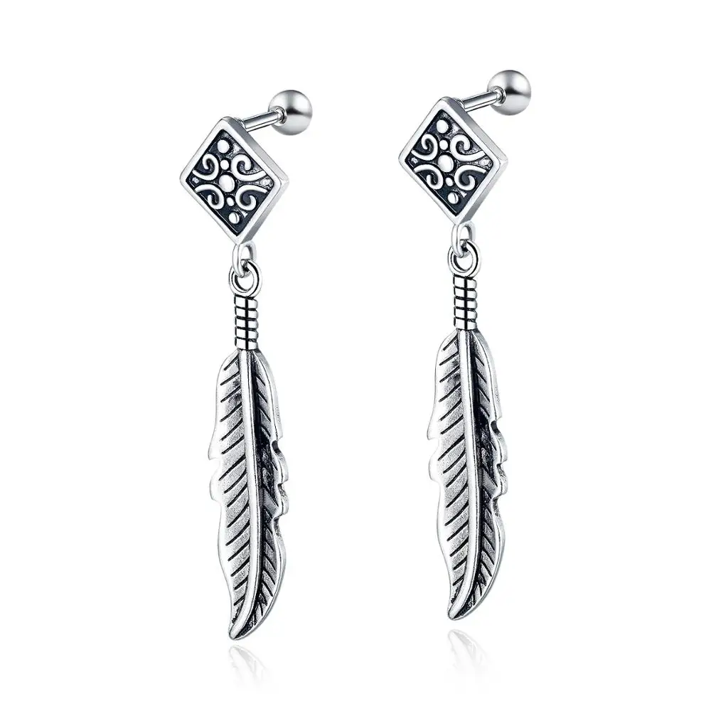 Hemiston Feather Tassels Titanium Steel Earrings Stainless Individual Punk Rock Style Fashion Mens On