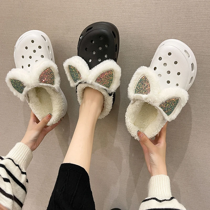 

2021 New Winter Women Platform Plush Cartoon Slippers Woman Furry Thick Bottom Slides Heighten Bow Shoes Female Hole Shoes