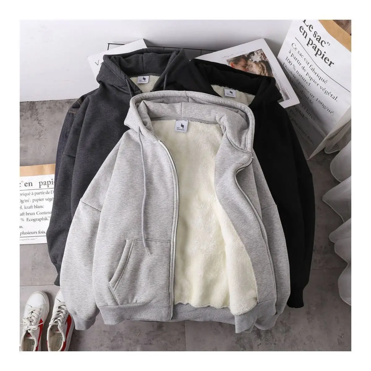 

Women's Jacket Autumn Winter Long-Sleeved Lamb Wool Hooded Cardigan Top for Woman Korean Solid Color Plus Velvet Thick Clothing
