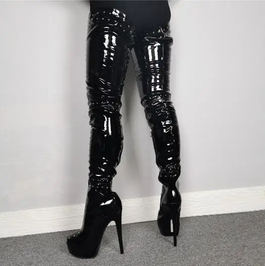 

Dipsloot Black Rivets Thigh High platform Boots Woman Patent Leather Round Toe Stiletto Heel Studded Over the Knee Long Boots
