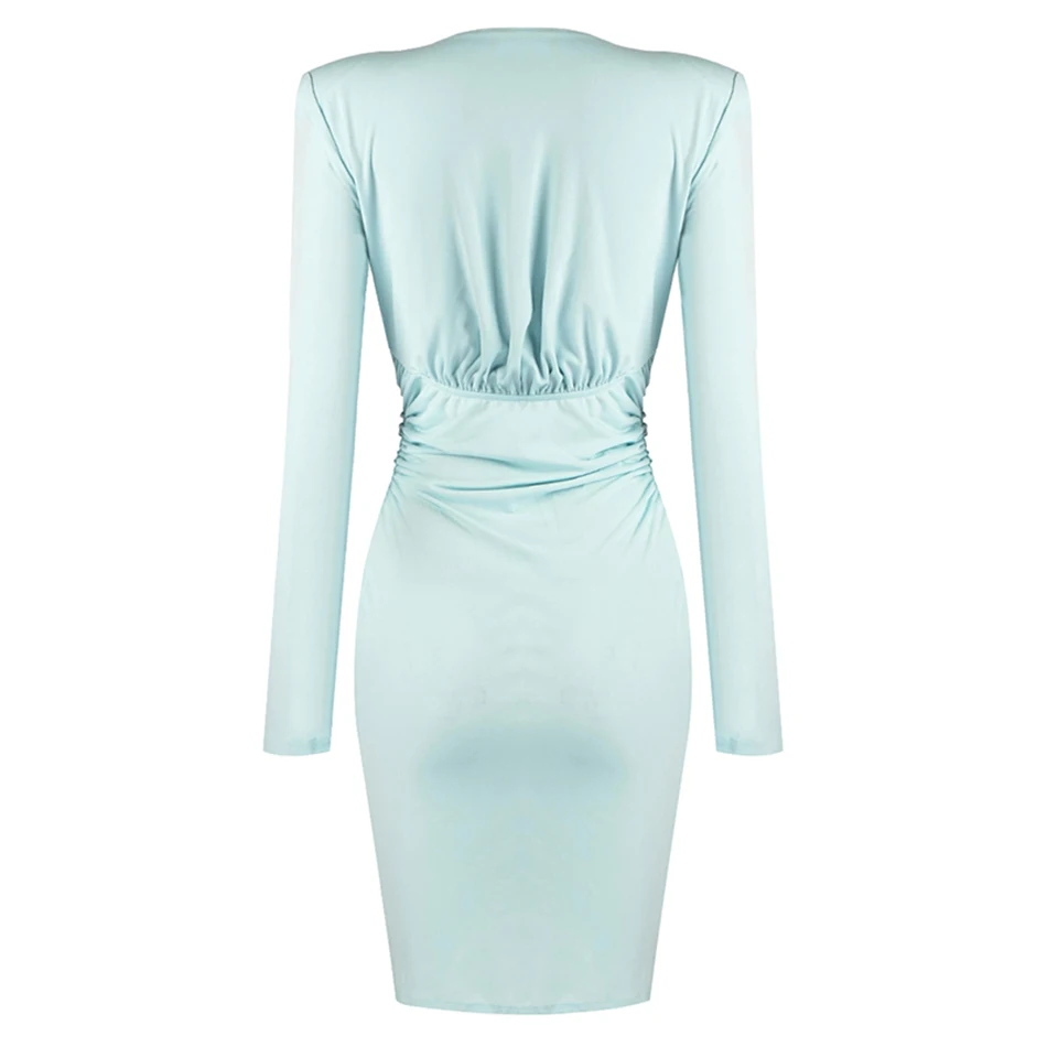 

Ailigou Summer 2021 Trendy Light Blue Mini Dress Bodycon Draped Design Sexy Deep V Neck Celebrity Party Club Dress Vestidos
