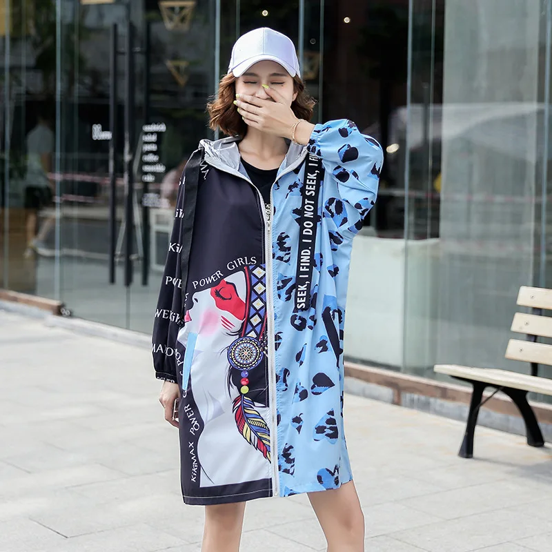 Vefadisa Autumn Woman Cartoon Printed Spliced Coat Loose Zipper Hooded Collar Full Sleeve Wide-waisted 2019 QYF199 | Женская одежда