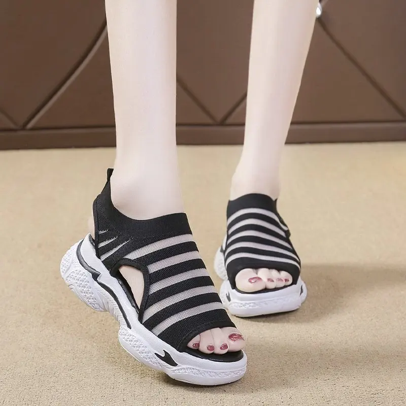 

Summer New Fashion Women Shoes Mesh Casual Sports Sandals Back Strap Thick Bottom Flat With Shallow Slip-On Breathable Solid