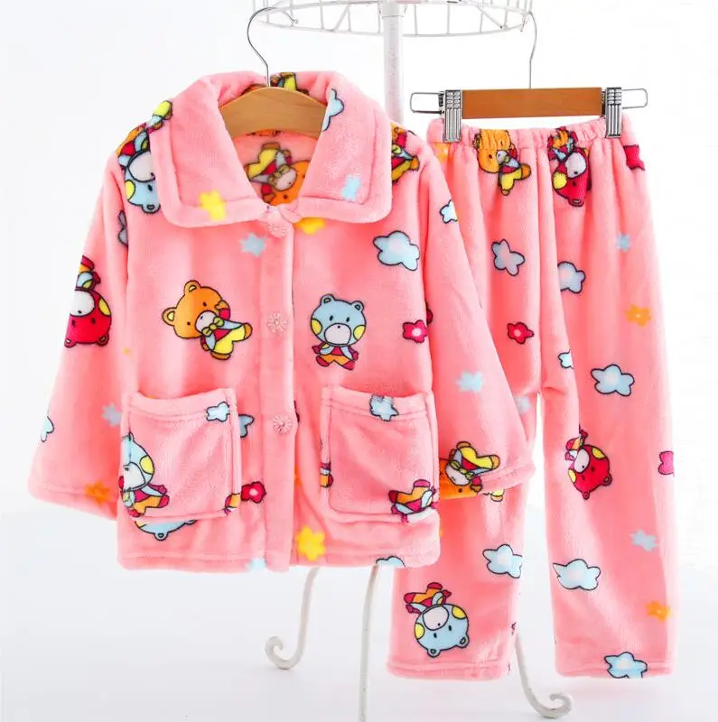 Pink Bear pajamas Теплая зимняя Пижама; Фланелевая Пижама для детей; комплект для маленьких мальчиков и девочек; детские пижамы с рисунком; пижамы для младенцев - Цвет: Pink Bear pajamas