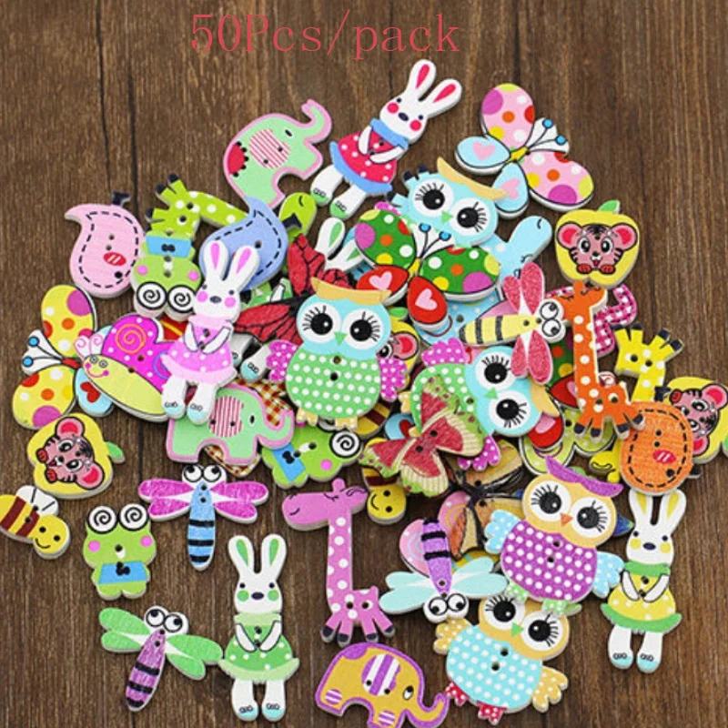 

New 50Pcs Mixed DIY Wooden Popular Scrapbooking Buttons Cartoon Sewing Animal Craft