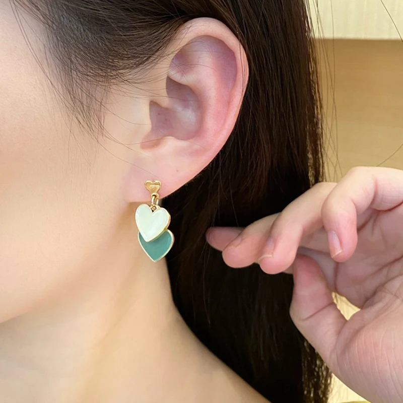 

Fashion Jewelry Earrings Delicate Design Double Heart White Green Dangle Drop Earrings For Girl Student Party Gift
