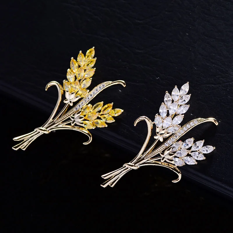 

OKILY Elegant Cubic Zirconia Wheat Brooch Copper Pin Brooches for Women Fashion Design Luxury Dress Corsage Accessories Gift