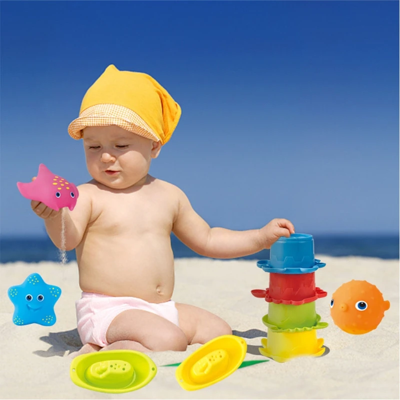 

9 Pieces Funny Baby Bath Toy Column Floating Bathing Toy with 3 Sea Animals with Water Jets 2 Bath Boats 4 Stackable