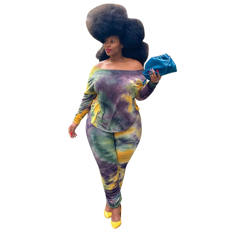 

Plus Size Sweatsuits for Women Long Sleeve Off Shoulder Tops and Sweatpants Tie Dye Matching Sets 2 Piece Wholesale Dropshipping