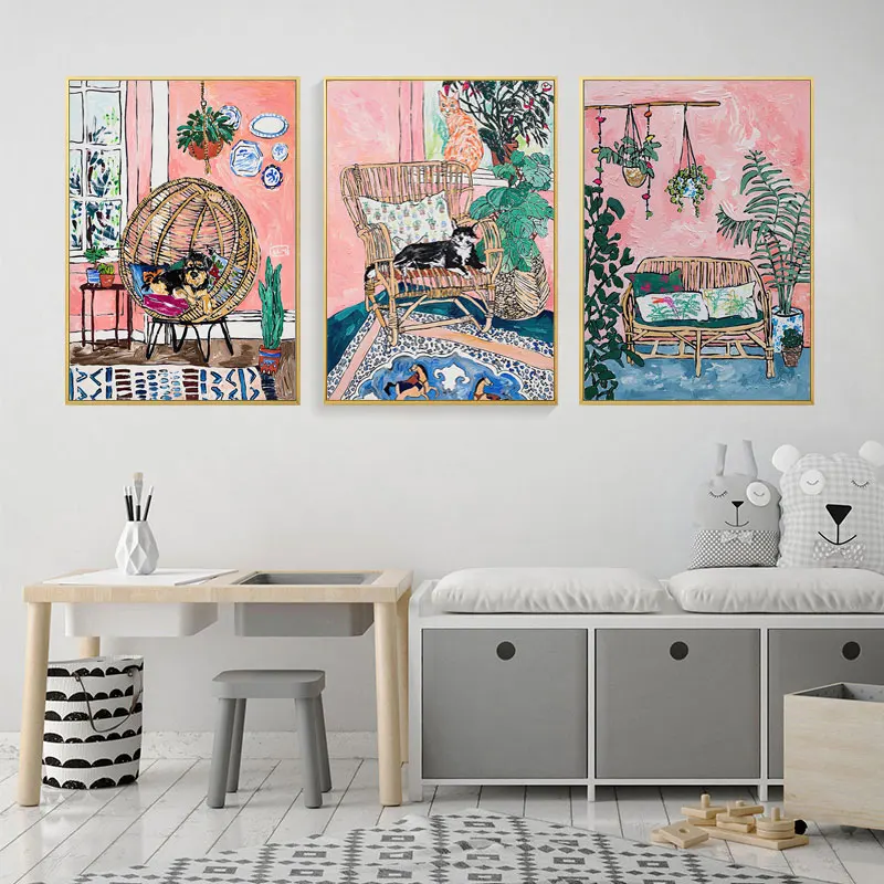 

European Nostalgic Retro Oil Canvas Painting Sofa Cat Plant Posters and Prints Wall Art Pictures for Living Room Home Decoration