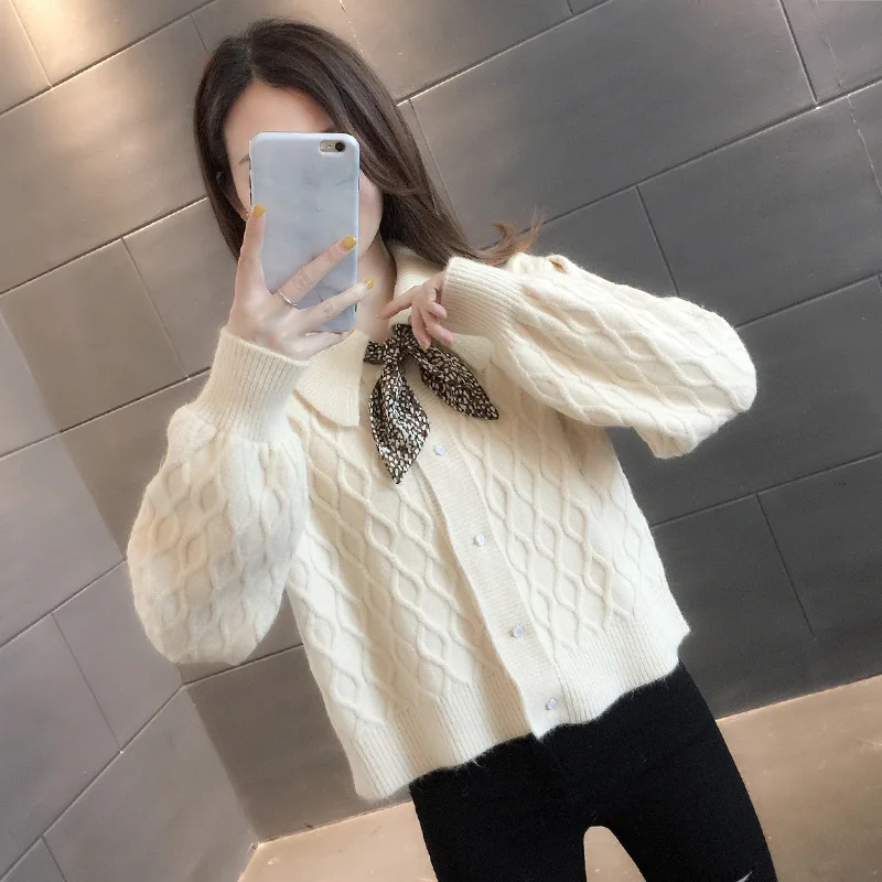 

Baby collar knitted cardigan early spring and autumn 2021 new women's short bow sweater coat western style top