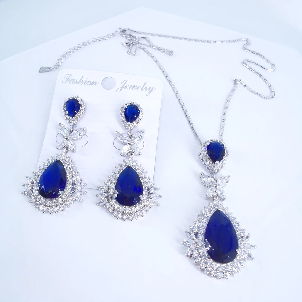 2020 Новая мода Фиолетовый Синий Красный Кристалл CZ Циркон ожерелье серьги