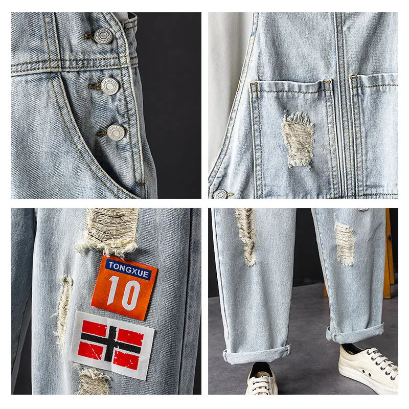 Ripped Patch Letter Men Denim Bib Overalls Loose Hip Hop Streetwear Jumpsuit Tattered Wide Leg Jeans Pants Freight Trousers