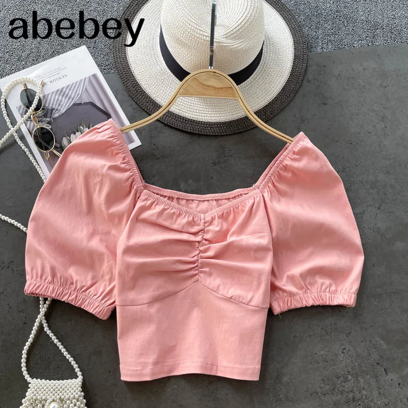 

Women Korean Ruffles Blouse Sweet Puff Sleeve V Neck Elegant Solid Tops Summer Casual Fashion Streetwear Blouse