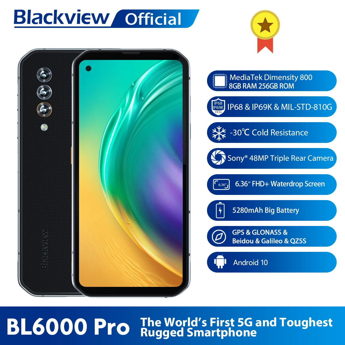 Blackview BL6000 Pro IP68 Водонепроницаемый 8GB + 256GB смартфон 48MP тройной Камера 5280 мАч Android 10