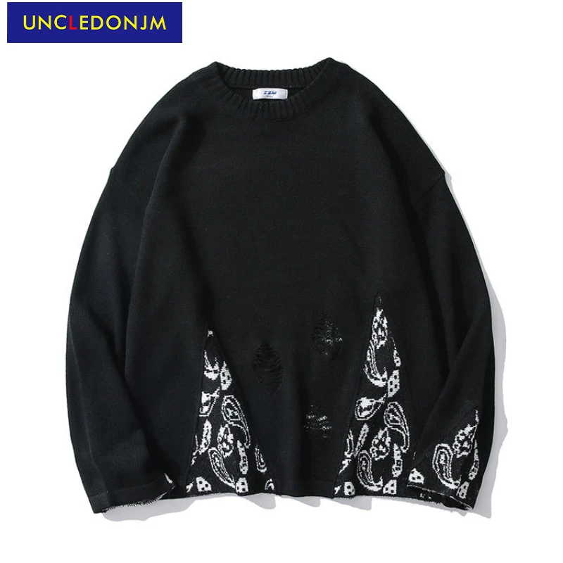 

UNCLEDONJM Colour blcok Cashew flower vintage sweater pullover winter clothes knitted sweater men harajuku sweaters U1157