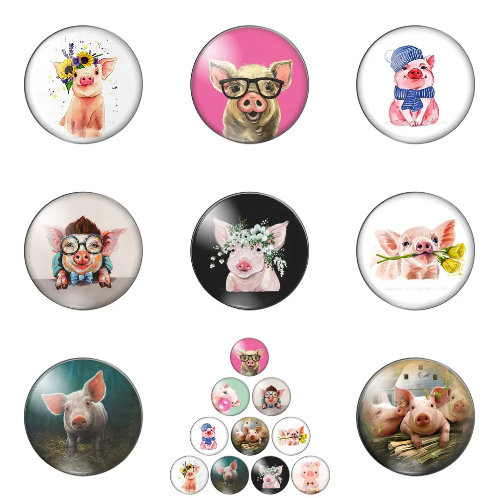 

Art Lovely Flower Pig Animals Paintings 12mm/14mm/16mm/18mm/20mm/25mm Round Photo Glass Cabochon Demo Flat Back Making Findings