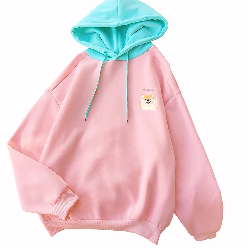 

Fleece Hoodies Women Streetwear Casual Kawaii Cartoon Shiba Print Sweatshirt Sudadera Mujer Spell Color Patchwork Pullovers Tops